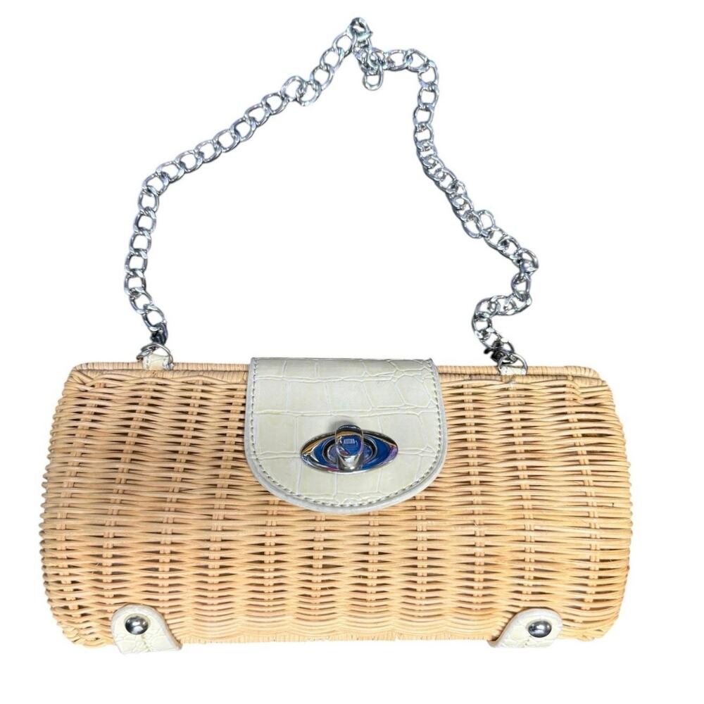 Wicker Rattan Box Clutch Purse Cream Faux Croc Trim Chain Strap Wedding Coastal